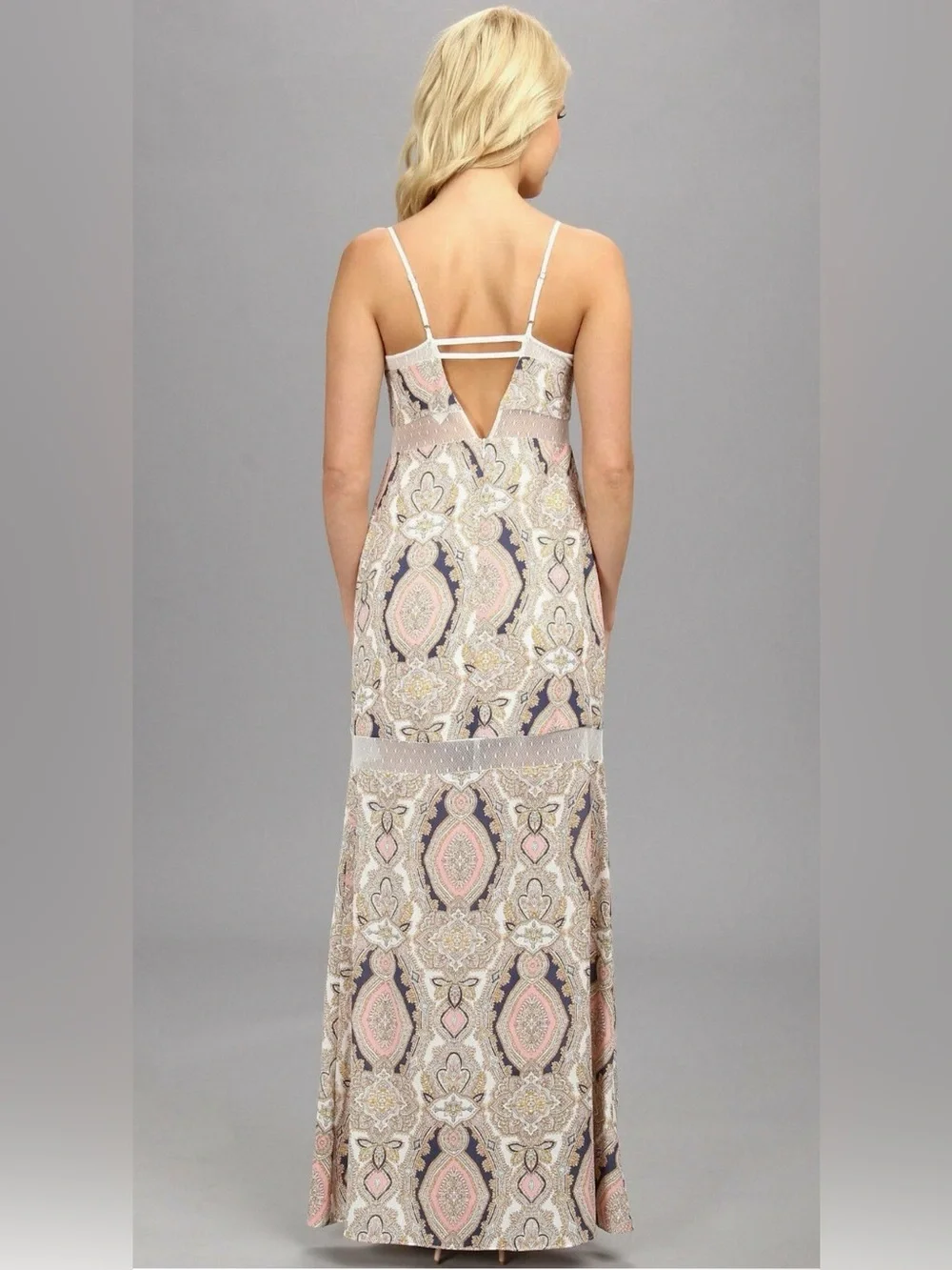 BCBGeneration Blush and Navy Paisley Lace-Trim Maxi Dress